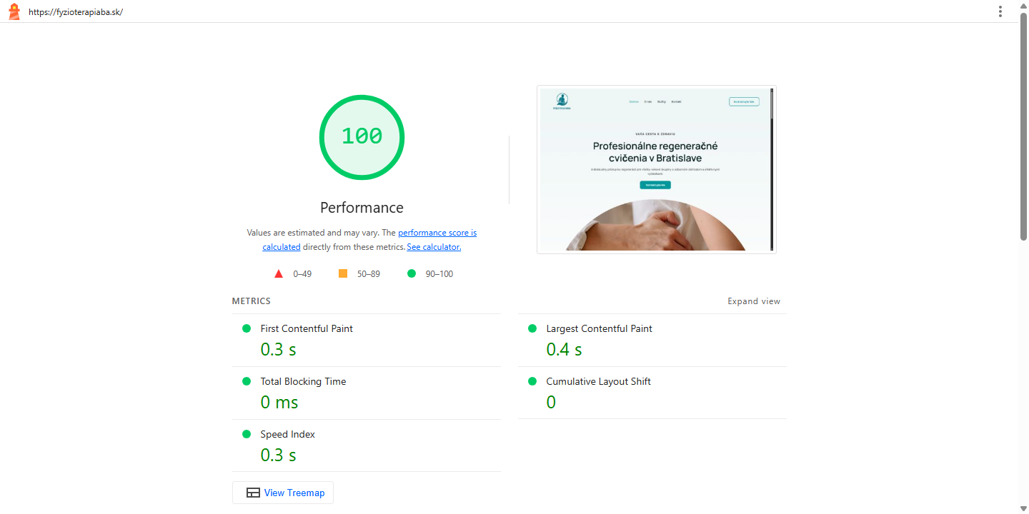 Fyzioterapia BA Lighthouse report: desktop performance score 100, LCP 0.4 seconds