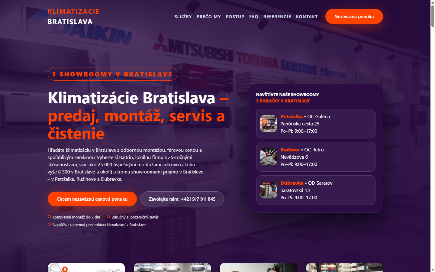 Úvodná stránka webu Klimatizácie Bratislava s ponukou a showroomami